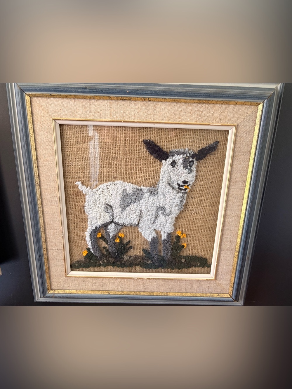 Handcrafted White Goat Hooked Wool Art on Burlap